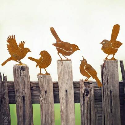 Bộ 5 tượng chim bằng kim loại gỉ sét, trang trí tường hình chim ngoài trời, trang trí sân vườn bằng kim loại hình chim, tượng chim thủ công bằng kim loại - Tượng trang trí sân vườn và nghệ thuật sân vườn, trang trí hàng rào ngoài trời, trang trí sân vườn phong cách mộc mạc.