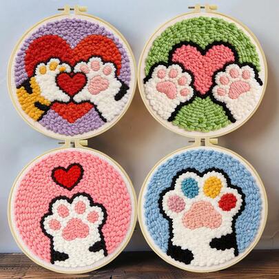 طقم تطريز إبرة الخرم DIY، مناسب للمبتدئين، يشمل إبرة الخرم والخيوط والتعليمات وحلقة التطريز والقماش المطبوع مسبقًا بنمط بصمة القط، مجموعة إبداعية للحرف اليدوية لديكور الحائط والهدايا، طقم تطريز إبرة الخرم مسطح 2D/طقم بدء/طقم ممتع، 20 * 20 سم (7.87 * 7.87 بوصة)