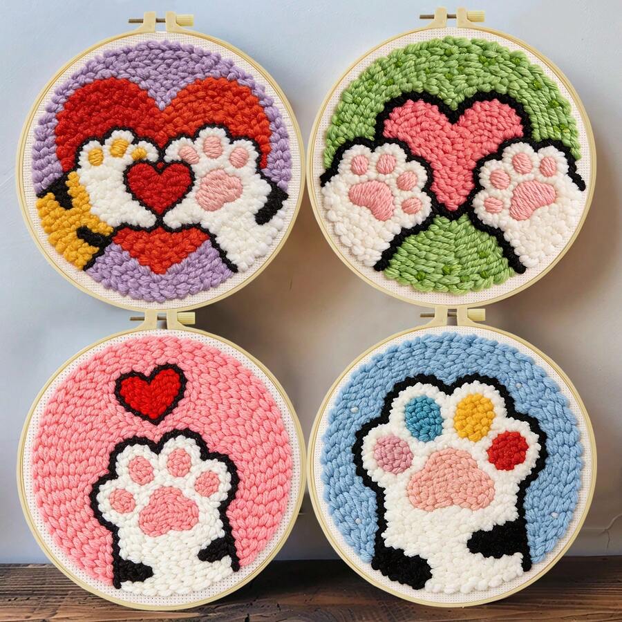 DIY 初學者刺繡套件，包含刺繡針、線材、說明書、繡框與預印布料，貓爪設計，創意手工牆飾與禮品，2D 印刷刺繡套件，20x20cm/7.87x7.87in