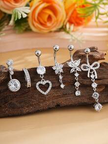 6件套不锈钢肚脐环饰品套装，性感蝴蝶结心形花朵镶嵌锆石，女士日常佩戴 - 銀色 - 查看 2