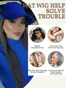 Women's 26-Inch Long Straight Hair With Adjustable Blue Baseball Cap, Natural And Realistic, Suitable For Women. - Black - View 8