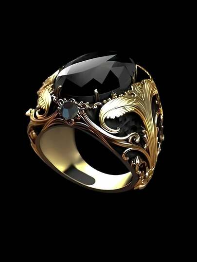 1pc Vintage Artificial Gemstone Ring, Glamorous & Unique Design, Gold-Plated Men's Ring