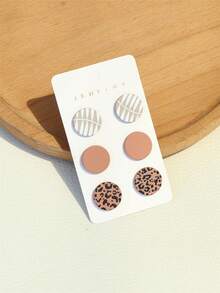 3 Pairs Ceramic Texture Leaf & Leopard Print Round Acrylic Earrings, Fashionable For Girls - Multicolor - View 1