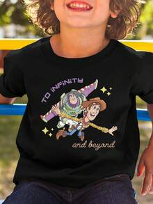 Disney Buzz And Woody Fly Side By Side, Accompanied By The Classic Line "TO INFINITY And Beyond", Filled With A Sense Of Adventure Print Pattern Summer Tops,Short-Sleeved Casual And Cute Style  Children's Clothing Design, Boy Clothes For Kids ,Ropa Para Niños,Boy Clothes For Kids,Graphic Tee, Summer Clothes,Perfect For Cool Boy. Comfortable And Breathable Children's Short-Sleeved T-Shirt. Comfortable And Casual Wear All Year Round 180g Pure Cotton Children's Clothes,Comfortable & Lightweight, Iconic Print For Mix-And-Match Outfits,Suitable For Both Boys And Girls. - Black - View 2