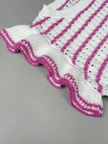 Women's Crochet Striped Knit Sleeveless Top, Lightweight Round Neck Ruffle Hem Short Sleeve Blouse Pink Summer - Pink - View 8