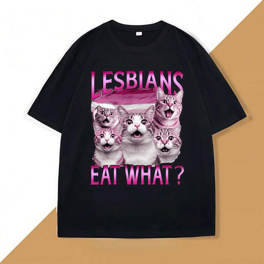 Funny Ironic Meme T-Shirt With Cat Print, "Lesbians Eat What" Graphic T-Shirt, Humorous Cotton T-Shirt, Short-Sleeved, Designer Clothing For Men. - màu đen - Xem 1
