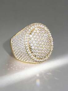 Nhẫn đôi sang trọng hình tròn màu vàng đính đá Cubic Zirconia, quà tặng đính hôn và cưới. - Màu vàng - Xem 6