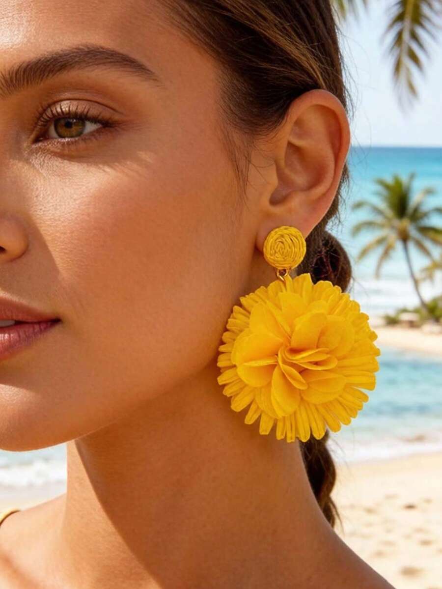 imoli 1 Pair Summer Beach Vacation Style Polyester Flower & Raffia Tassel Dangle Earrings, Suitable For Women's Beach Party & Gathering Jewelry Gift