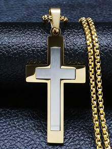 1件装男士叠戴十字架吊坠项链，银色、金色、黑色信仰吊坠套装，哥特朋克男士饰品，可叠戴街头风配饰 - 黑色+銀色 - 查看 4