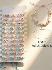 12pcs/Set New Fresh Ocean Style Starfish Beaded Adjustable Bracelet Set - Boho Pink And Blue Layered Bracelets With Transparent Crystal Beads, Matte Jade Beads And Resin Starfish Pendants, Drawstring Adjustable For Summer Beach Vacation, Music Festival, Pool Party, Casual Wear, Nickel-Free Gift - Multicolor - View 3