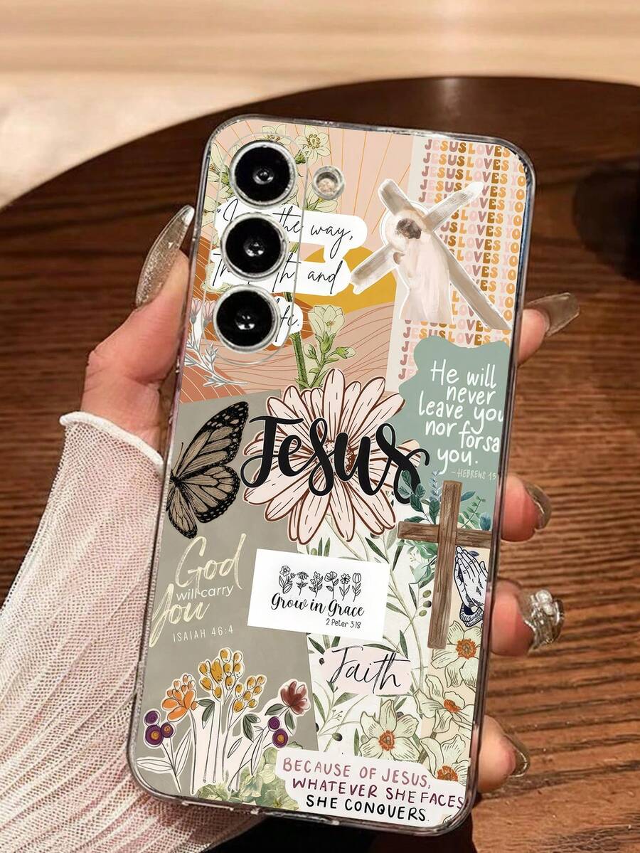 十字架、花朵、蝴蝶图案耶稣标语软壳手机壳,兼容华为荣耀、三星Galaxy A04e/12/A13/A14/A34/A50/A52/A53/A54/S21/S22/S23/S24/S25/S25 Ultra、6A/7A/8A、12T/13T - 無色 - 查看 1