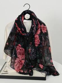 1pc New Bali Yarn Peony Flower Print Scarf, Elegant And Fashionable Thin Sunscreen Scarf For Women, Multi-Functional Soft Shawl Scarf, Daily Evening Dress Outer Wear, Travel Beach Sunshade Shawl, Photography Wear And Festival Gift - Multicolor - View 10