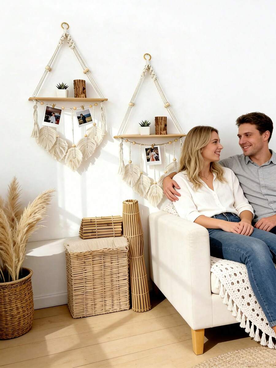 1pc Handmade Woven Leaf Tassel Plant Holder - Minimalist Home Bedroom Decor - Exquisite Design - Handcrafted Sturdy - Simple Style - View 1