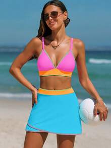 popvil Women 3PCS Colorblock Bikini Set Cross Back Tie Back High Waisted Swimwear With Skirt For Summer Vacation - Multicolor - View 2
