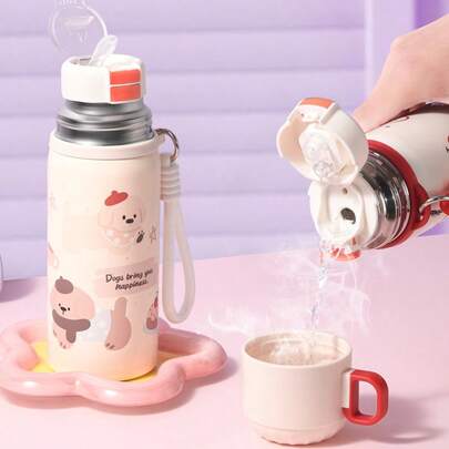 不锈钢保温水瓶，三种饮水方式，便携提手，适合外出、旅行、运动、徒步、露营、骑行、上学等场合，防漏设计，可爱图案，保温/保冷