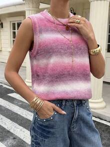 Live To Mo 粉色条纹渐变圆领无袖女士休闲夏季针织背心，适合夏季日常休闲穿着 - 粉色 - 查看 4