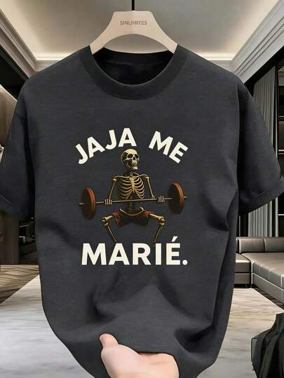 Camiseta de gimnasio divertida para hombres - Camiseta negra con gráfico de esqueleto levantando pesas y texto "Jaja Me Marie" - Camiseta de entrenamiento resistente para gimnasio, ropa de calle - Lavable a máquina, ajuste regular, camiseta de manga corta - de ropa de fitness para hombres, camisetas de gimnasio, ropa de calle casual, cuello redondo casual, impresión gráfica en negrita
