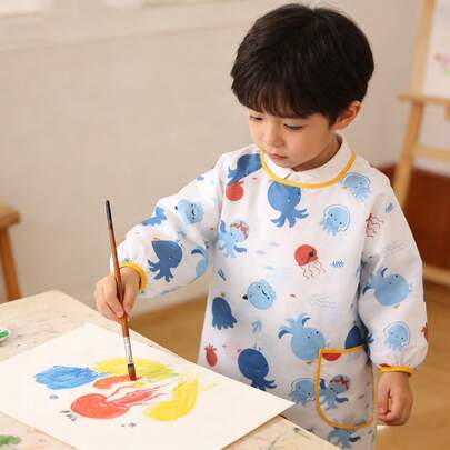 婴儿防水喂食围兜，防油污围裙，长袖喂食罩衫，易于清洗，适合6-72个月宝宝