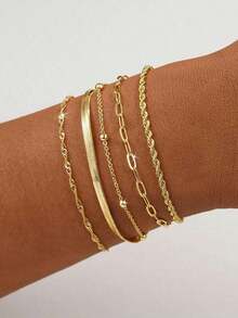 5pcs/Set Elegant Stackable Gold Tone Bracelets, Suitable For Women's Daily Wear (Random Bead Quantity, Fixed Length) - Gold - View 2
