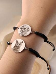 1pc Customized Photo & Name Bracelet, Personalized Stainless Steel Disc Bracelet, Laser Engraved Photo & Name, Custom Photo, Pet Portrait Bracelet, Braided Cord Chain, Pet Memorial Gift, Mother's Day Gift, Pet Lover Gift - Custom-carved Bracelet - View 3