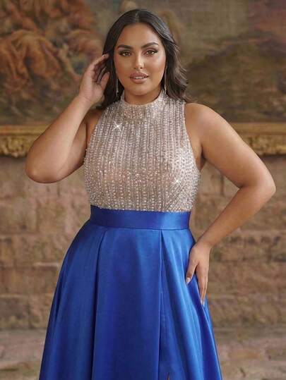 Smilprince 大码女士无袖长款正式连衣裙，优雅梭织面料，带拉链和褶裥细节，适合正式场合