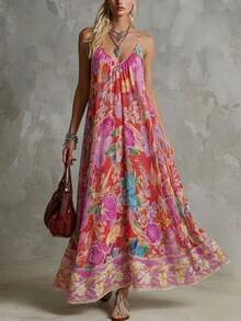 Vuslat 女士夏季休闲宽松 V 领碎花复活节连衣裙，巴厘岛海滩度假风波西米亚连衣裙，适合夏季度假、音乐节、假日穿着 - 玫瑰紅 - 查看 5