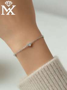 SYMFNY 925 Sterling Silver Minimalist Ins-Style Smooth Texture Pave Diamond Shiny Heart-Shaped Bracelet, Romantic Thoughtful Practical Niche Exquisite Jewelry Gift For Girlfriend, Valentine's Day, Anniversary - Bracelet - View 2