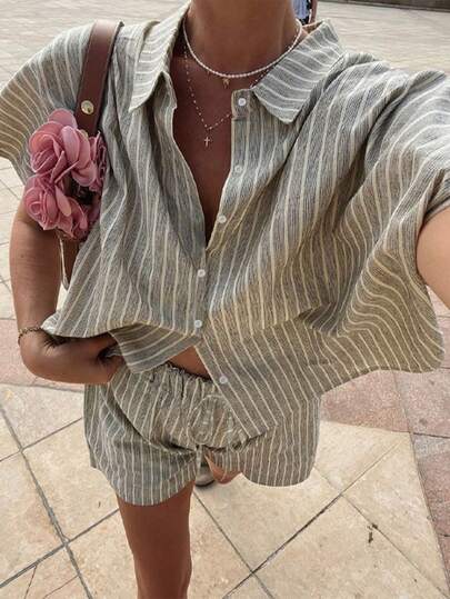 VIVINA Summer Casual Vacation Striped Print Loose Top And Shorts 2 Pieces Set, Women Summer Casual Outfit, Women Vacation Outfit, Women Loungewear