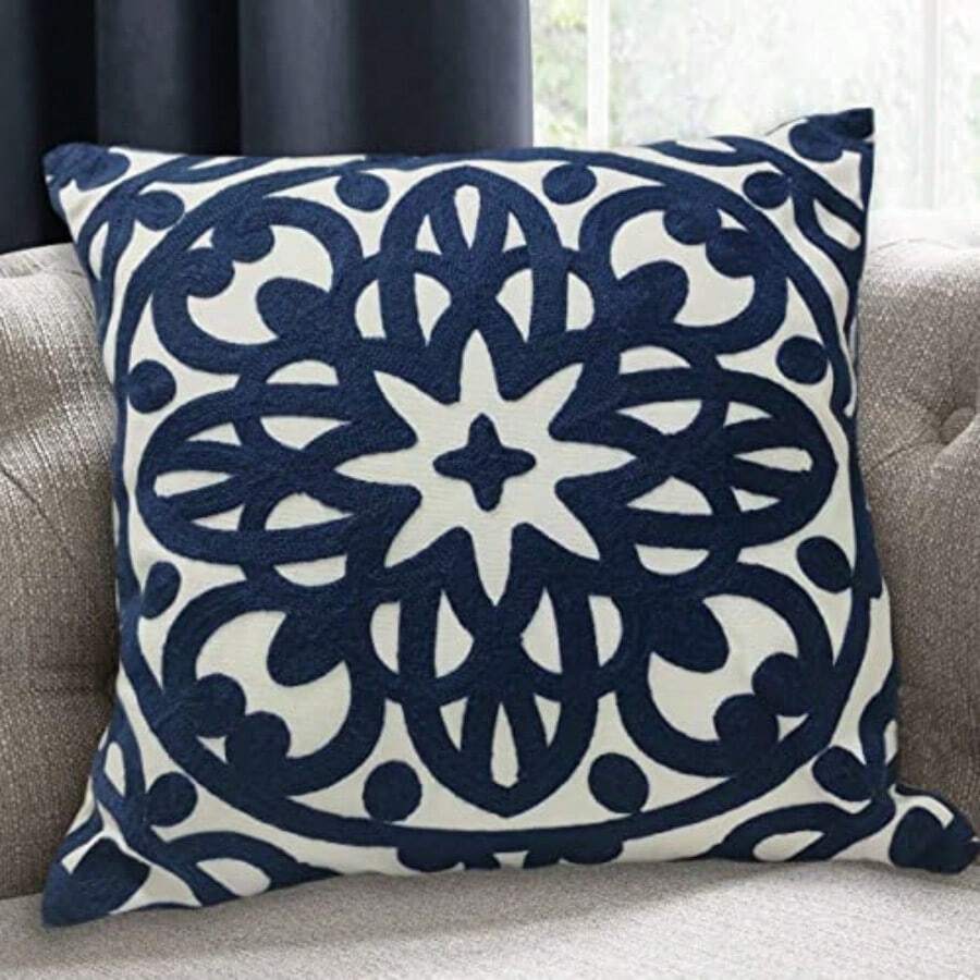 Alysheer Mandala 100% Cotton Solid Embroidered Knit Pattern Decorative Throw Pillow Cover for Sofa Couch Car Living Room Bedroom Office Gifts Invisible Zipper 18x18 Inch/45x45 cm (Navy Blue) - Azul - Ver 1