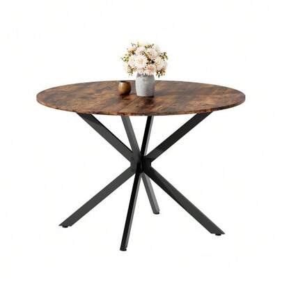 Round Dining Table, Industrial Style, 120 Cm Diameter, Spacious Dimensions, X-Shaped Table Legs, Vintage Black Brown, For Kitchen/Living Room