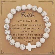 1PC 8MM Natural Stone Cross Healing Bracelet Gift For Christians With Prayer Card - White Turquoise - View 6