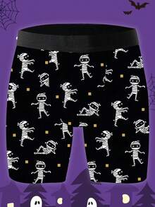 男士趣味平角内裤，卡通印花，万圣节主题，针织面料，宽松运动版型，透气吸汗，柔软亲肤，休闲运动型平角内裤 - 彩色 - 查看 2