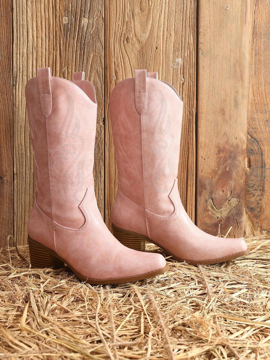 Women's Cowboy Cowgirl 2.36-Inch Chunky Western Square Toe Embroidered Pull On For Commuting Dates Rodeos Concerts Mid Calf Pink Boots - Hồng - Xem 1