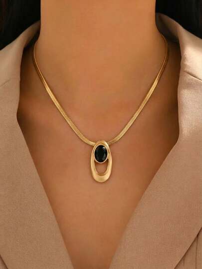 1pc Creative Geometric Asymmetrical Ellipse Pendant Necklace, Fashionable Personalized Metal Decor With Acrylic Bicolor Design, Versatile For Daily, Festival, Party Wear