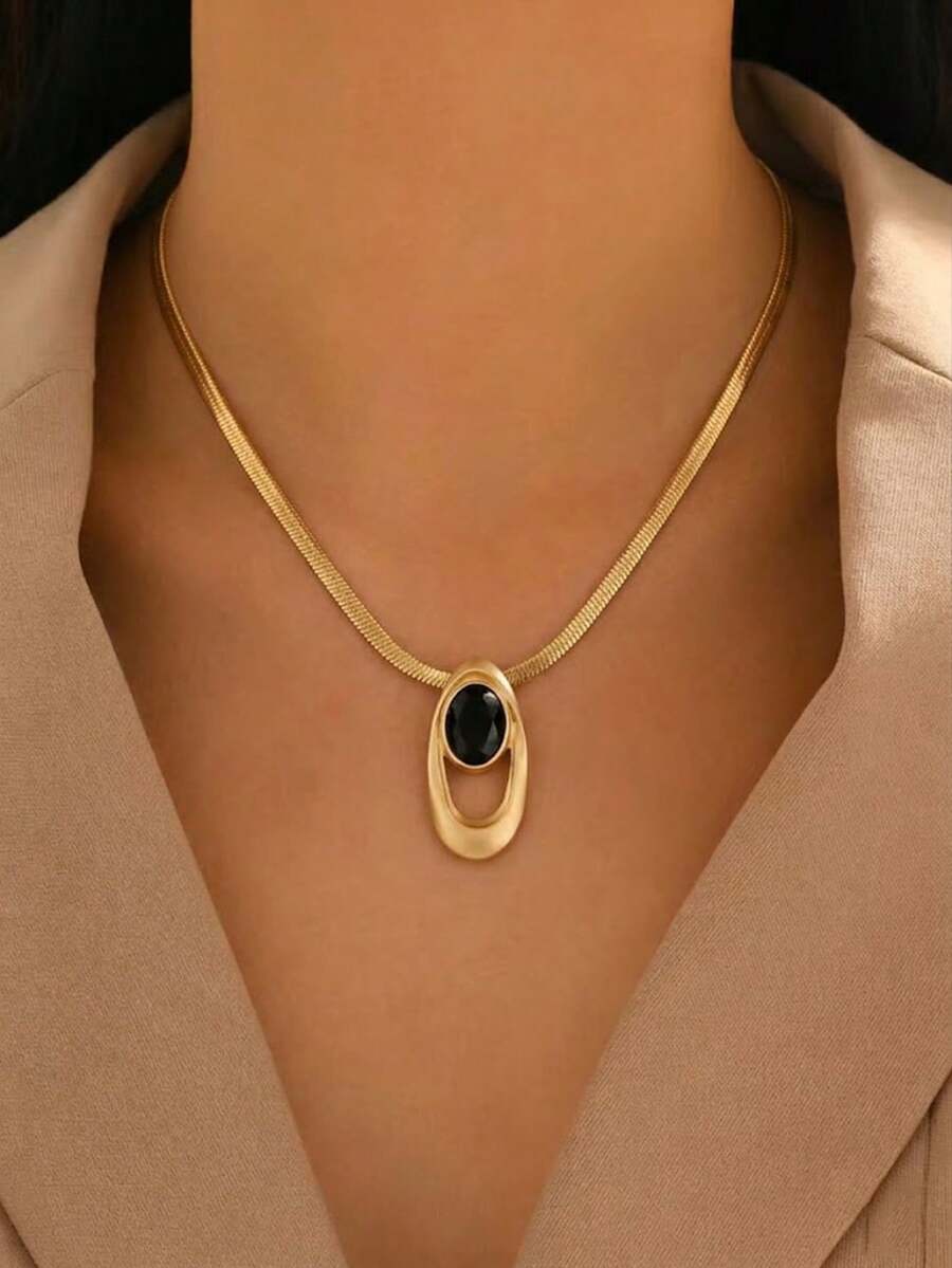 1 pieza Collar colgante elíptico asimétrico geométrico creativo, decoración de metal personalizada de diseño bicolor de acrílico, versátil para uso diario, festival, fiesta - Dorado - Ver 1