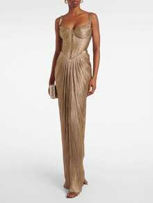 Prom Maxi Dresses Birthday Dress Summer Outfits Vestidos Elegantes De Mujer Wedding Guest Dress Champagne Gold Satin Corset Maxi Dress – Spaghetti Strap Pleated Bodycon Formal Gown For Wedding Guest Graduation Prom Music Festival Pleated Bronzing Lace-Up Dress Casual Party Women's Dress Skirt - Vàng - Xem 4