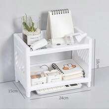 1PC PP Desktop Double Layer Storage Rack Rectangular White Organizing Student Desk Office Cosmetics Stationery - White - View 4