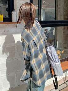 格子长袖衬衫，初秋休闲外套，春季衬衫 - 藏蓝色 - 查看 9