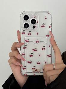 可爱甜美樱桃图案印花卡槽手机壳，兼容 11/17/17pro/13/14/15/15pro/15 Plus/15 Promax/16/16pro/16plus/16promax/7plus/8plus/X/Xs Max/Xr/17Air/12pro/13pro/14pro/17Promax/13mini/11promax/12promax/13promax/14promax/14plus/6/6s/6plus/7/8/SE/17proMax，透明卡槽保护套 - 彩色 - 查看 3