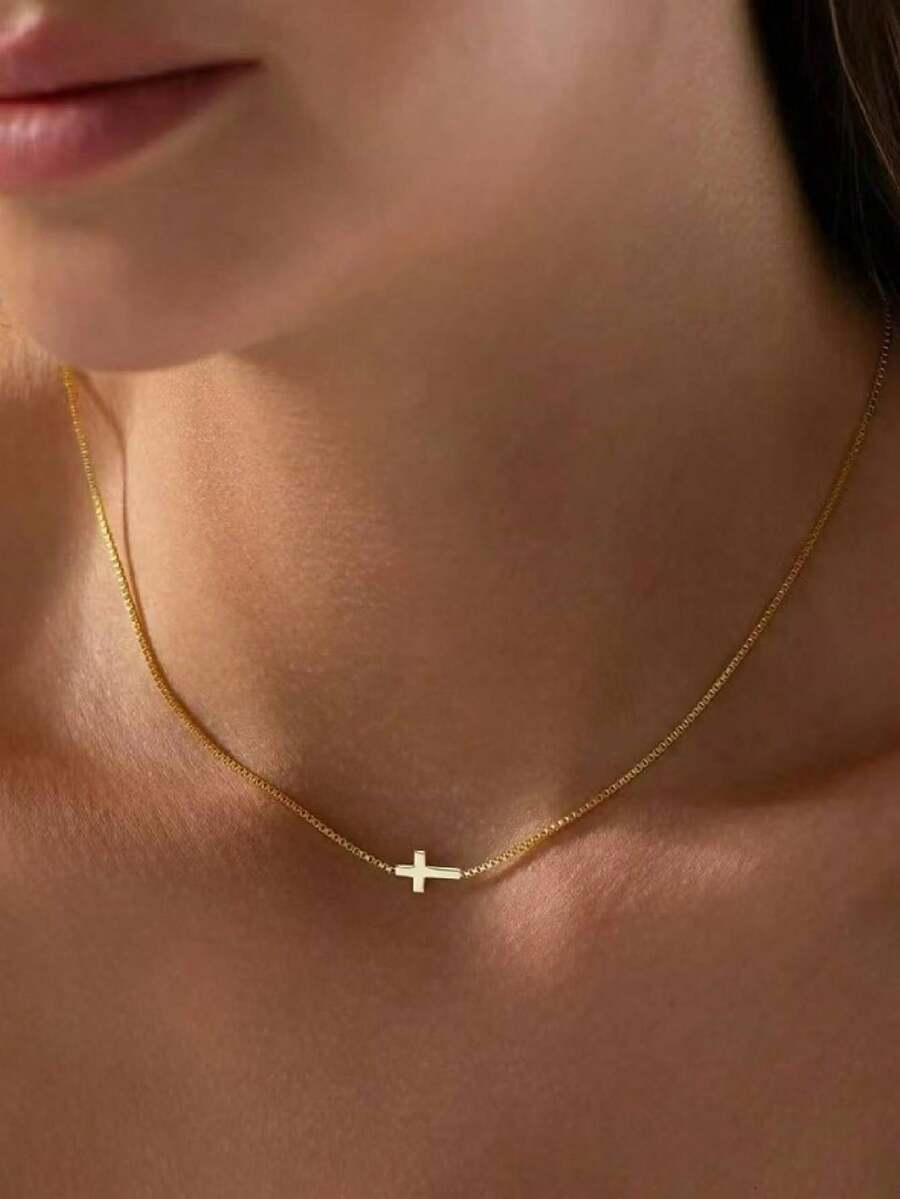 1件不锈钢时尚十字架吊坠项链，独特设计优雅颈链 - 金色 - 查看 1