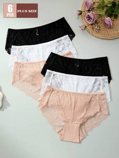 6pcs/Pack Plus Size Women's White Lace Panties - Sexy & Comfortable Underwear