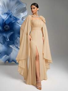 SUPGIR Sleeveless Halter Dress With Luxurious Sequins Fabric Rose Shawl, Evening Gown - Champagne - View 5