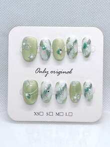 10 piezas de uñas postizas ovaladas cortas de ojo de gato de acrílico verde hechas a mano, puntas de uñas de cobertura completa, adecuadas para mujeres y niñas para manicura DIY - Verde - Ver 5