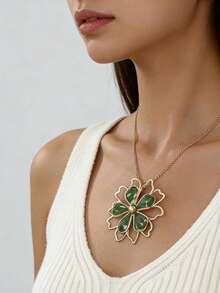 1 pièce/set Élégant rafraîchissant doux bijoux en émail à goutte de fleur de marguerite, comprenant boucles d'oreilles, collier, bague, bracelet. Bijoux floraux dorés à la mode, convient pour les femmes à porter lors de banquets, de fêtes et d'occasions quotidiennes - Vert - Voir 2