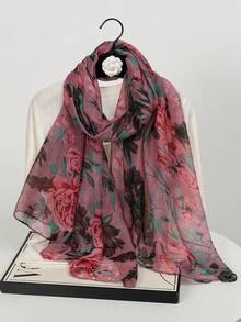 1pc New Bali Yarn Peony Flower Print Scarf, Elegant And Fashionable Thin Sunscreen Scarf For Women, Multi-Functional Soft Shawl Scarf, Daily Evening Dress Outer Wear, Travel Beach Sunshade Shawl, Photography Wear And Festival Gift - Multicolor - View 4