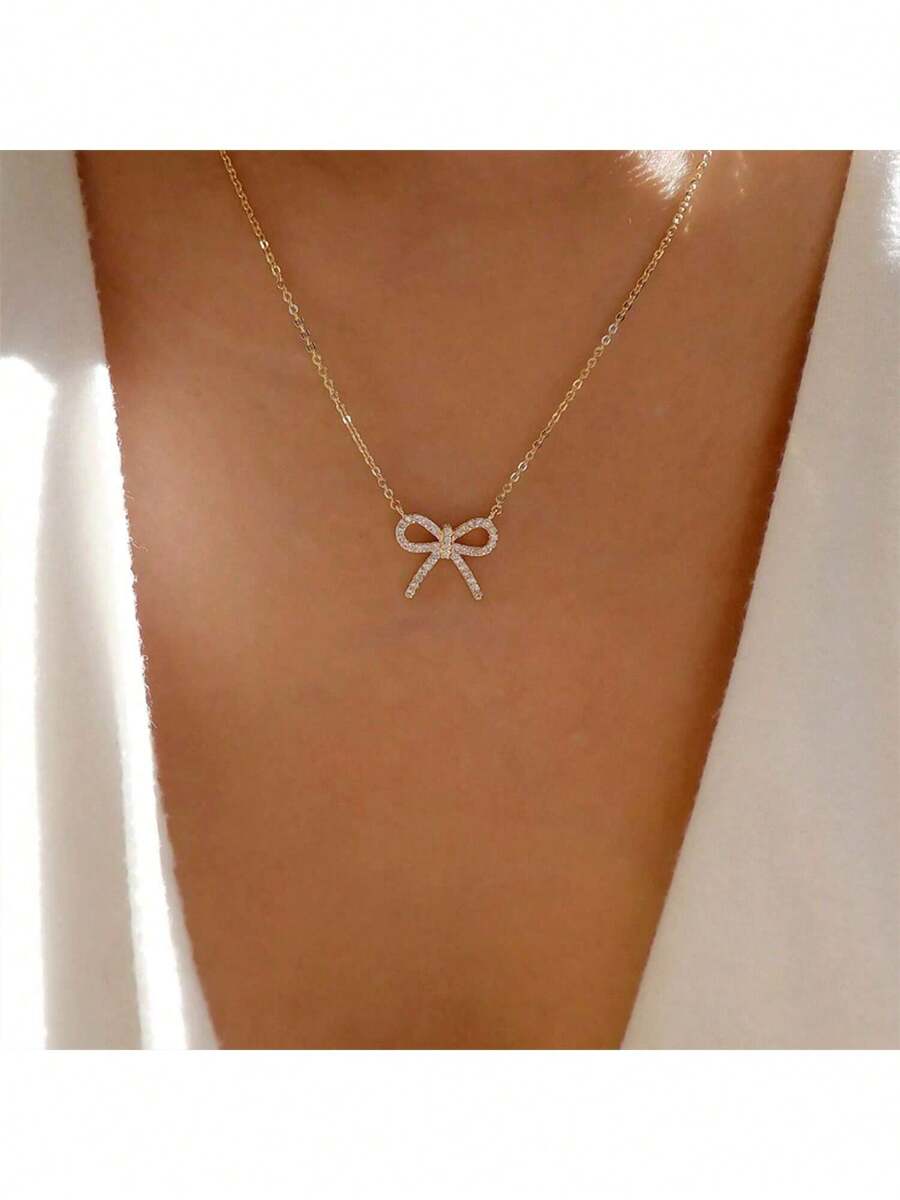 1 Piece Of Elegant And Exquisite Women's Bow Necklace With Butterfly And Inlaid Artificial Zirconia Design, Suitable For Women's Daily Wear, Festivals, Wedding Events And Gifts - Multicolor - View 1