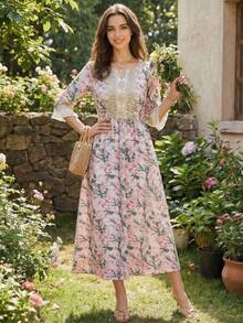 Elegant Arabian Floral Print Long Dress With Notched Ruffle Neck Three Quarter Regular Sleeves Fringe Detail And Appliques Woven Fabric - Multicolor - View 4