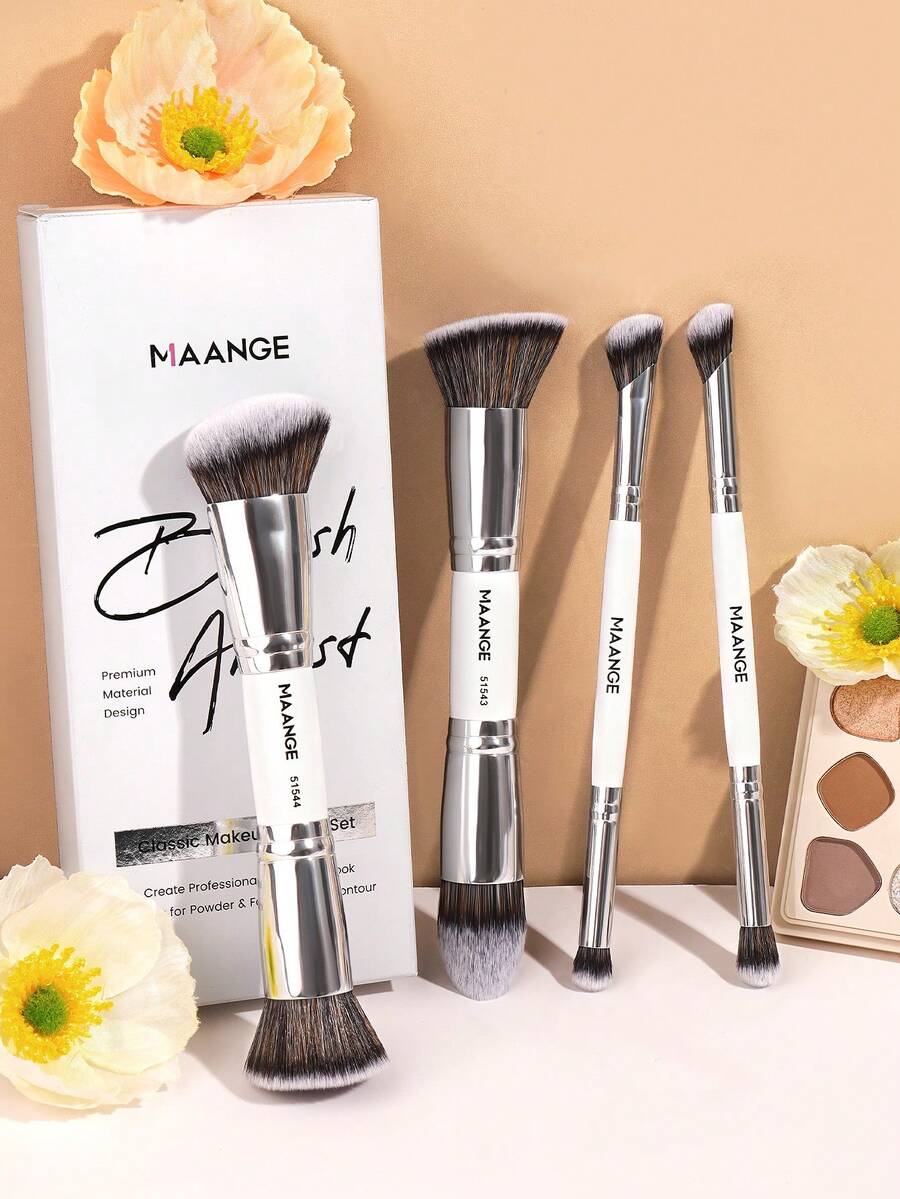 MAANGE Bộ cọ trang điểm chuyên nghiệp 4 món bao gồm cọ má hồng, cọ phấn phủ, cọ nền, cọ tán màu, cọ phấn mắt, cọ che khuyết điểm, cọ highlight, cọ tạo khối và các dụng cụ trang điểm khác, tiện dụng tại nhà hoặc khi đi du lịch, quà tặng lý tưởng cho phụ nữ và bé gái.