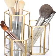 1 buah Kotak Penyimpanan Perhiasan Kaca, Wadah Penyimpanan Kombinasi Heksagonal, Tempat Kuas Makeup Serbaguna, Tempat Pena Kaca Dekorasi Meja, Tempat Kuas Makeup Dekoratif Logam Kreatif Multifungsi untuk Meja - Emas - View 8