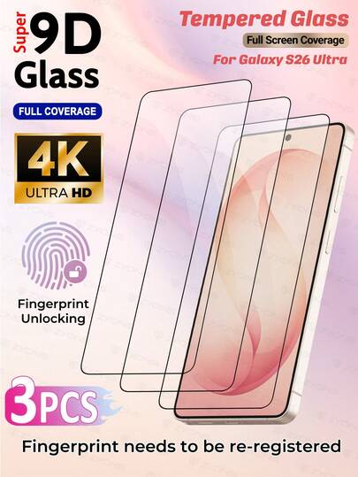 ZYONS 3片装 Galaxy S26 Ultra/S26+/S26 高清钢化玻璃屏幕保护膜，支持0.2秒指纹解锁（需重新注册），0.2mm超薄全屏玻璃，9H硬度防刮防摔，全屏覆盖无边框，防指纹防油，触控灵敏，包含安装工具，新手友好，生日/节日礼物，手机配件，兼容三星 Galaxy S25 Ultra/S25+/S25/S24 Ultra/24 Plus/24/23/22/21（指纹解锁需重新注册指纹）